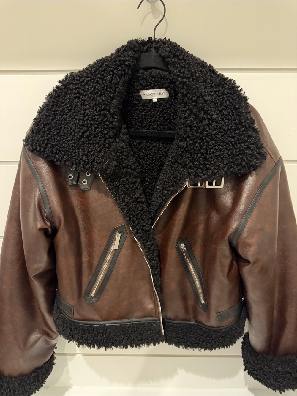 Like new.  WeWoreWhat  faux Brown Leather Aviator Jacket with Black Shearling